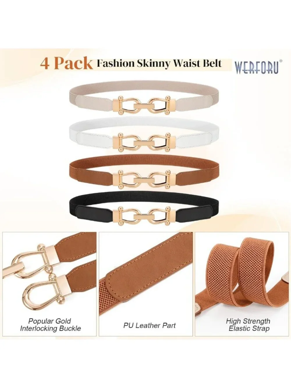 4 Pack Women's Skinny Elastic Waist Belts with Gold Buckle - Stretchy Thin Belts